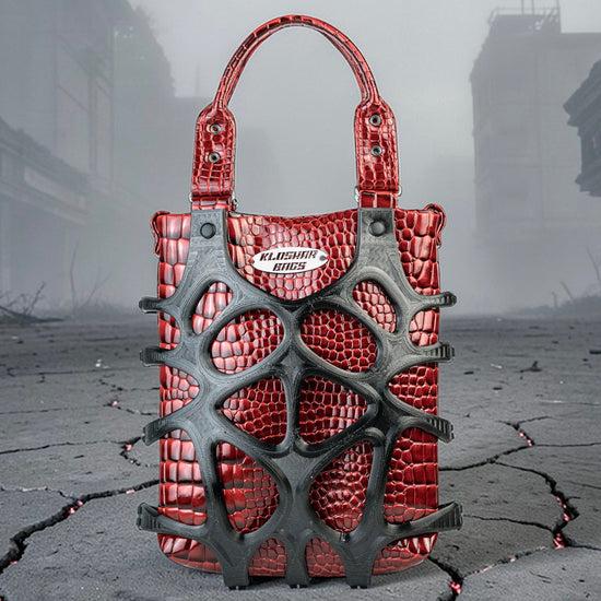 Red handbag with black 3D printed detail, post-apocalyptic background